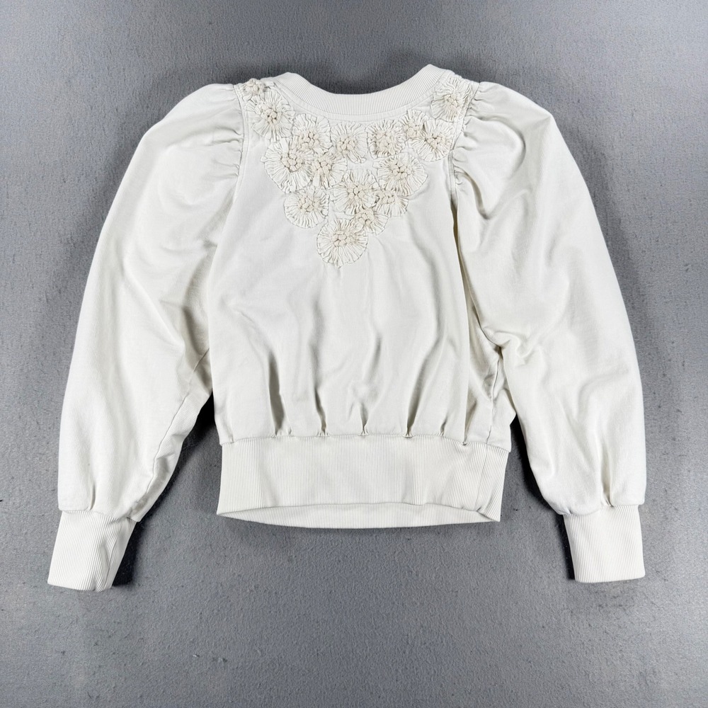 Anthropologie Floral Applique Puff Sleeve Sweatshirt Cream Cotton S